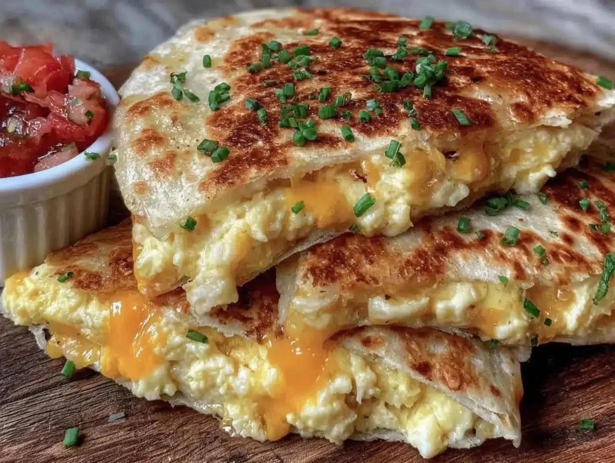 Crispy egg and cheese breakfast quesadillas served on a plate.