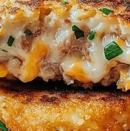 Crispy tuna melt patties served with cheese and herbs on a plate