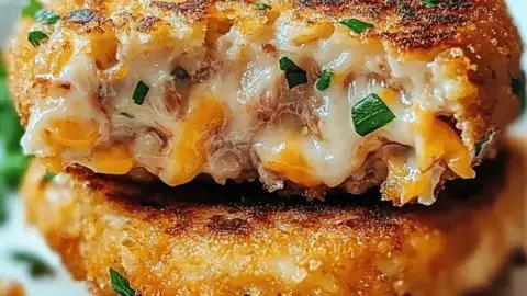 Crispy tuna melt patties served with cheese and herbs on a plate