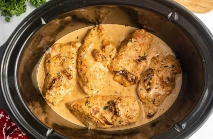 Delicious Crockpot Marry Me Chicken recipe ready to serve with creamy sauce.