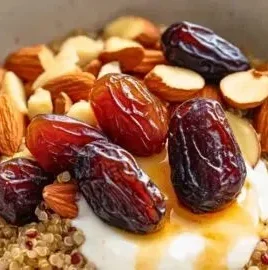 DASH diet quinoa breakfast bowl with yogurt, dates, and almonds.
