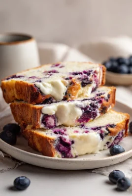 Homemade blueberry cream cheese bread sliced on a wooden table