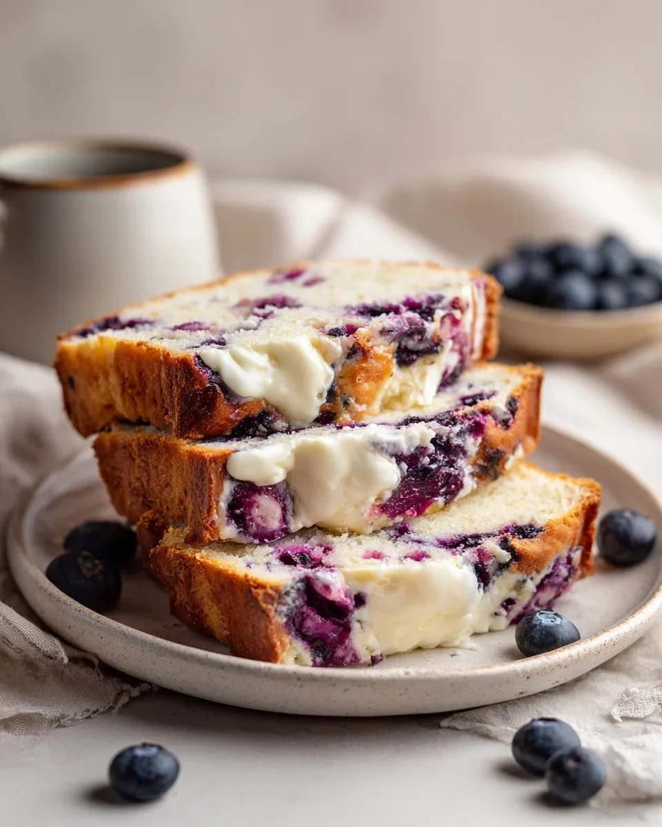 Homemade blueberry cream cheese bread sliced on a wooden table