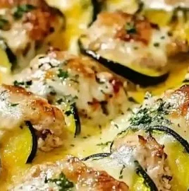 Delicious chicken zucchini bake served in a colorful casserole dish