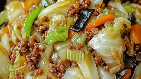 Chinese ground beef and cabbage stir fry in a colorful skillet