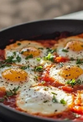 A delicious plate of eggs in purgatory with tomato sauce and herbs