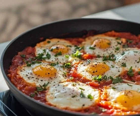 A delicious plate of eggs in purgatory with tomato sauce and herbs