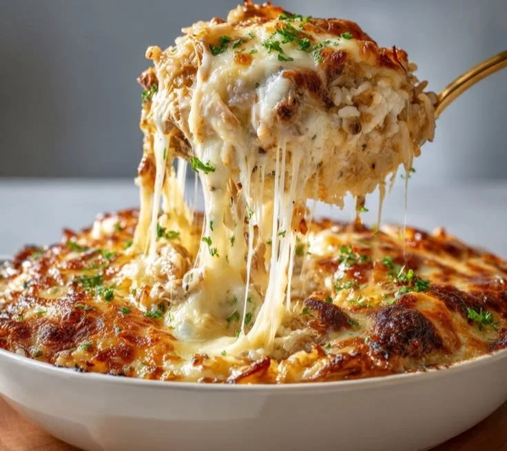French onion chicken rice bake topped with melted cheese and herbs