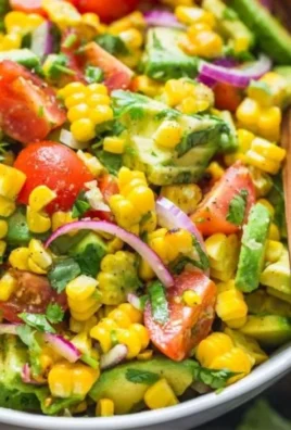 Colorful fresh corn salad with vegetables and dressing served in a bowl.