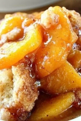 Delicious fresh peach cobbler served warm with vanilla ice cream.