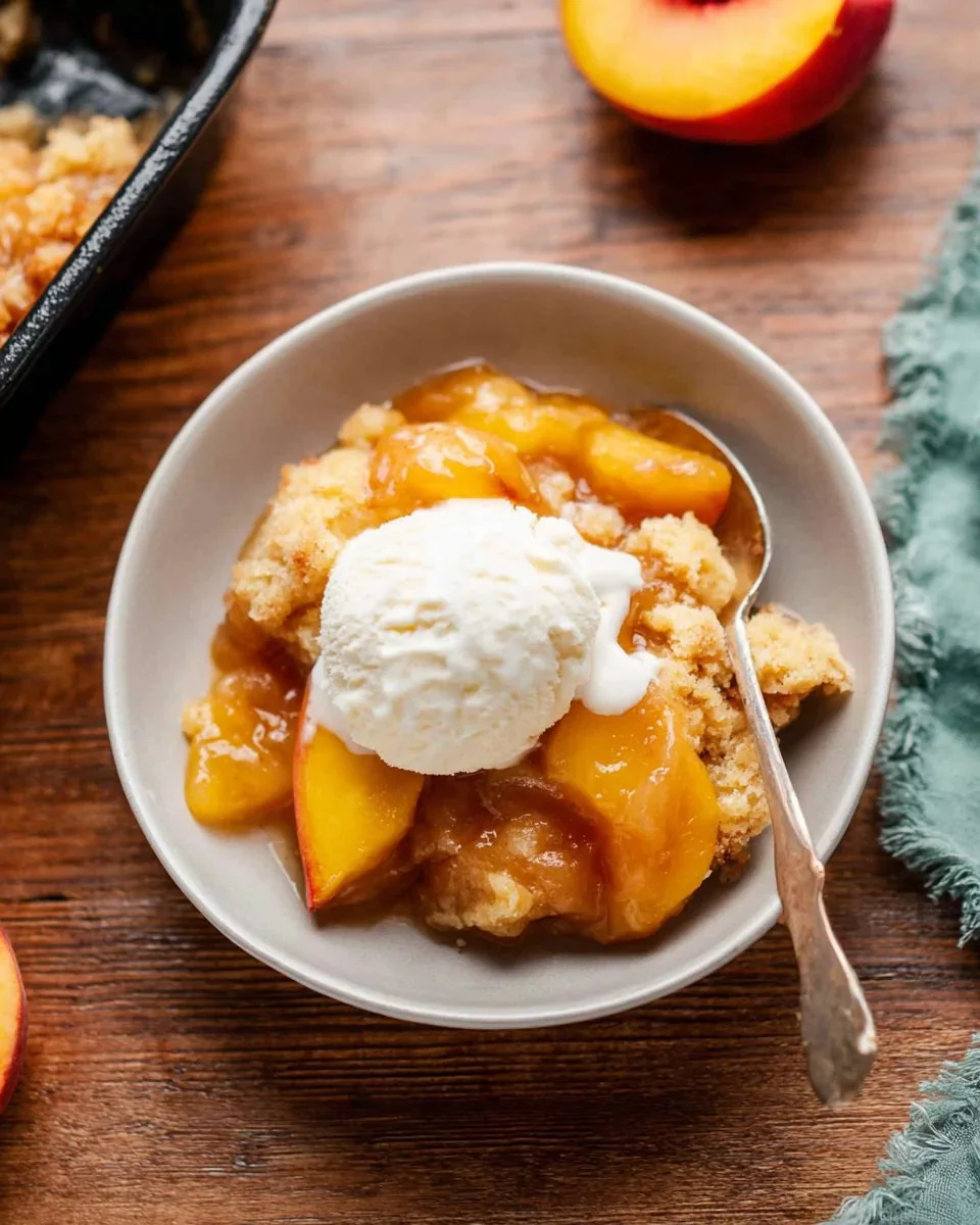 Delicious homemade fresh peach cobbler served warm with a scoop of ice cream