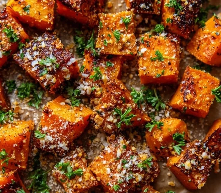 Garlic Parmesan Roasted Sweet Potatoes served in a bowl with herbs