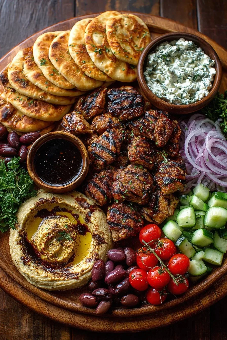 Greek Chicken Mezze platter with a balsamic drizzle served on a rustic table