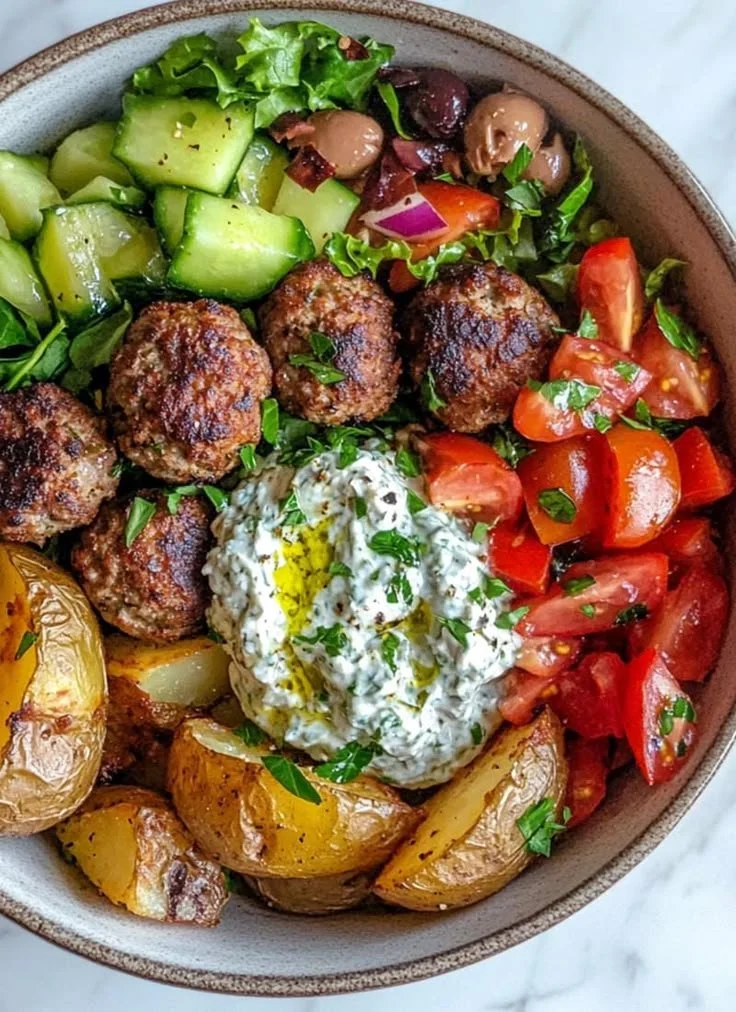 Delicious Greek Meatball Bowl with fresh ingredients and savory meatballs