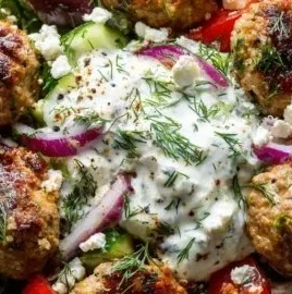 Greek turkey meatball bowls with Mediterranean flavors and vibrant ingredients.