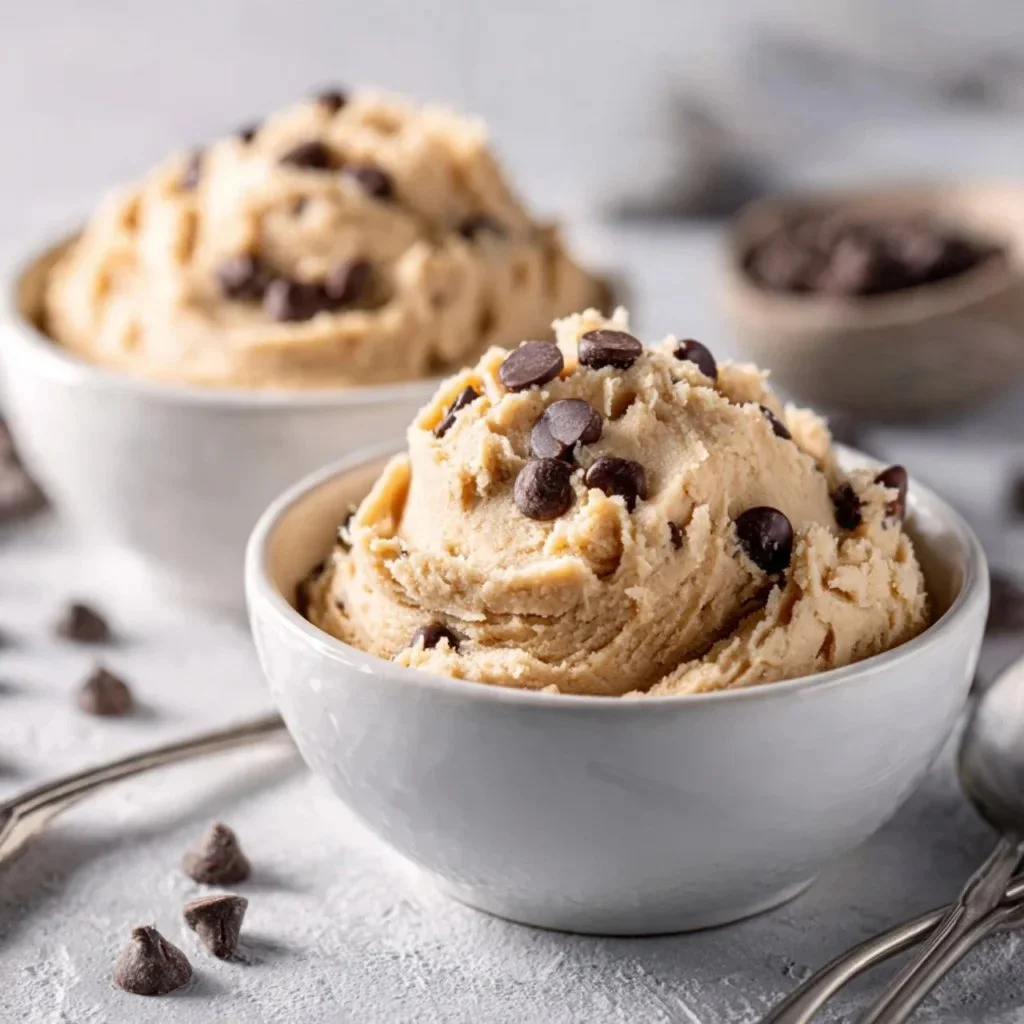 Bowl of Greek yogurt cookie dough with chocolate chips and a spoon
