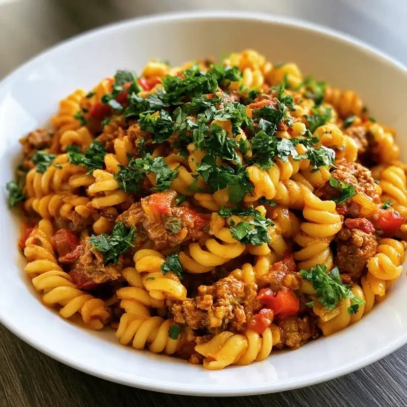 High Protein Taco Pasta with 36g protein per serving in a colorful bowl