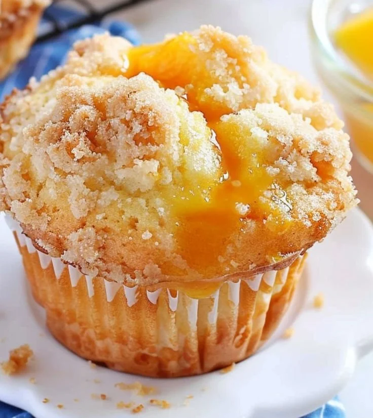 Freshly baked homemade peach cobbler muffins on a cooling rack