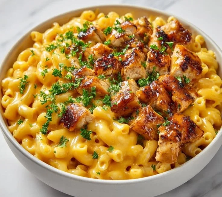Honey Garlic Butter Chicken served with mac and cheese on a plate