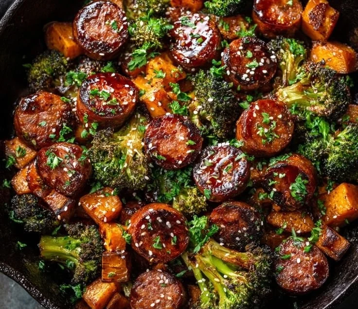Honey Garlic Sausage and Sweet Potato Sheet Pan Dinner ready to serve