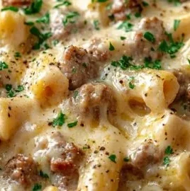 Creamy Italian Sausage Rigatoni served in a bowl with herbs and cheese
