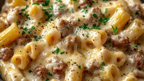 Creamy Italian Sausage Rigatoni served in a bowl with herbs and cheese