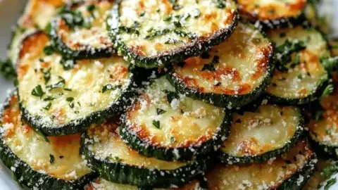 Crunchy Garlic Parmesan Roasted Zucchini on a serving plate