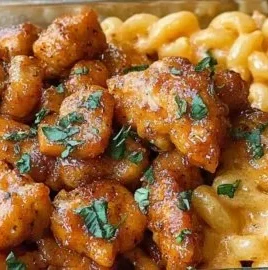 Juicy high-protein honey garlic chicken mac served in a bowl