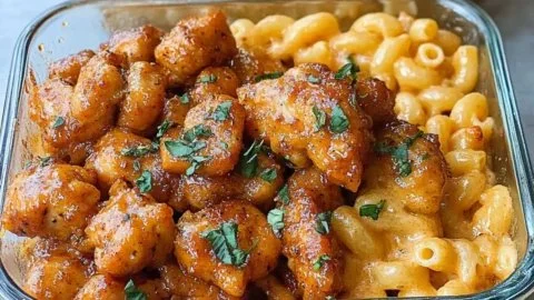 Juicy high-protein honey garlic chicken mac served in a bowl