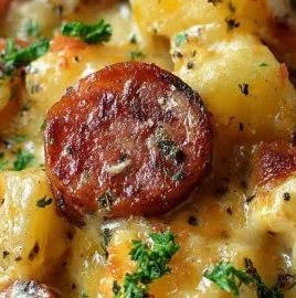 Kielbasa sausage cheesy potato casserole topped with melted cheese