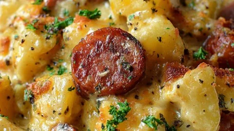 Kielbasa sausage cheesy potato casserole topped with melted cheese