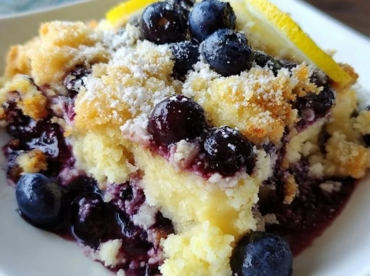 Lemon Blueberry Cheesecake Dump Cake served in a baking dish with fresh blueberries.