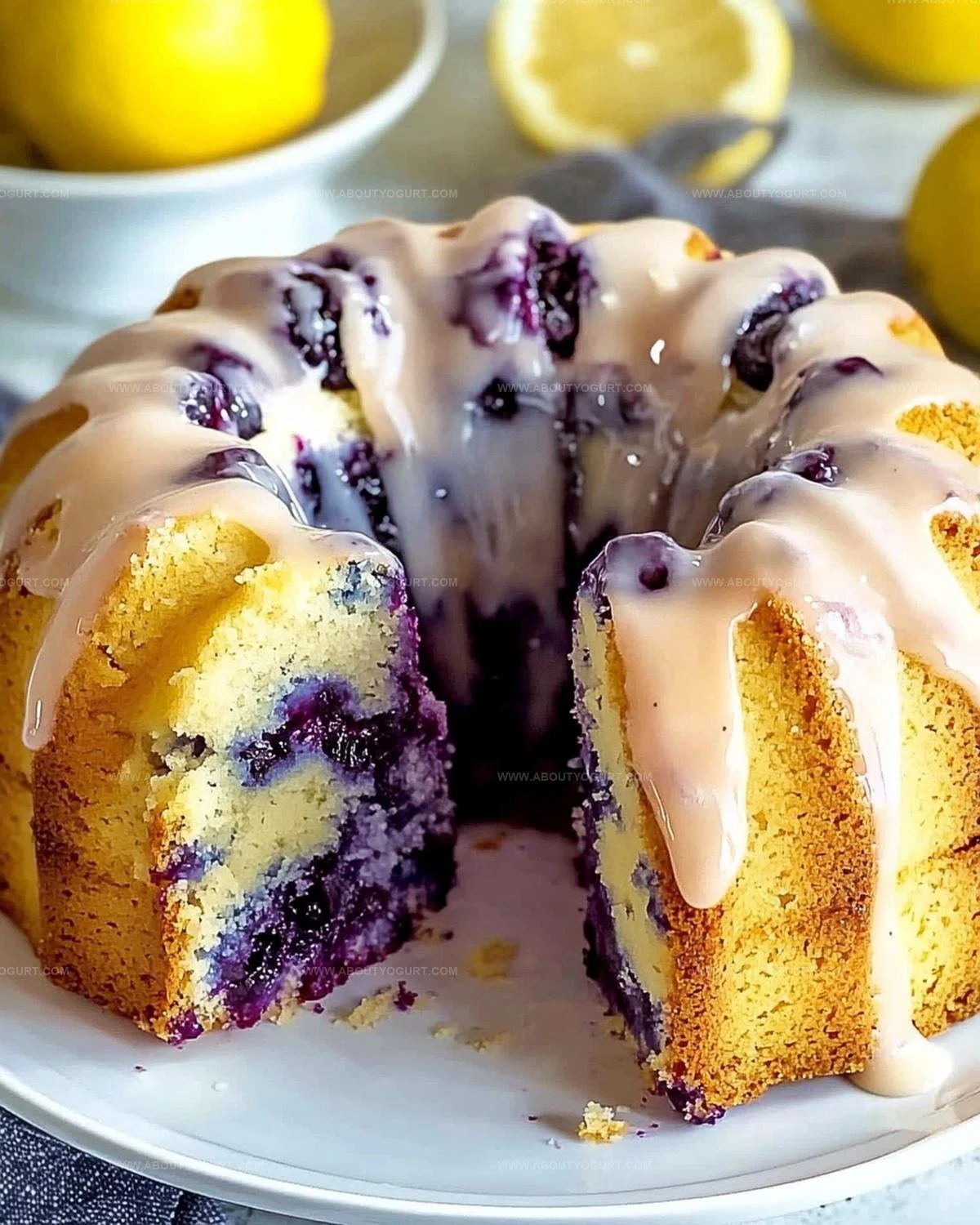 Lemon blueberry pound cake topped with fresh blueberries and lemon zest.
