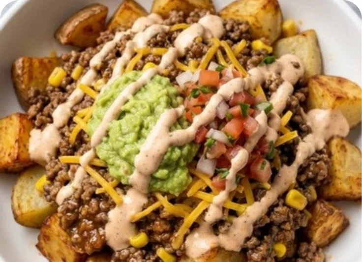 Delicious Loaded Potato Taco Bowl topped with fresh ingredients and spices