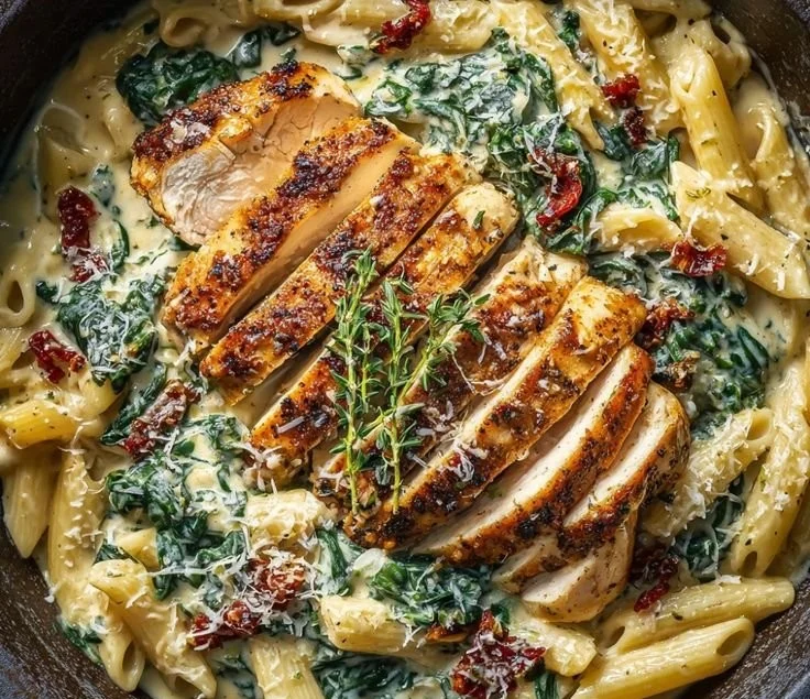 Plate of Marry Me Chicken Pasta with creamy sauce and fresh herbs