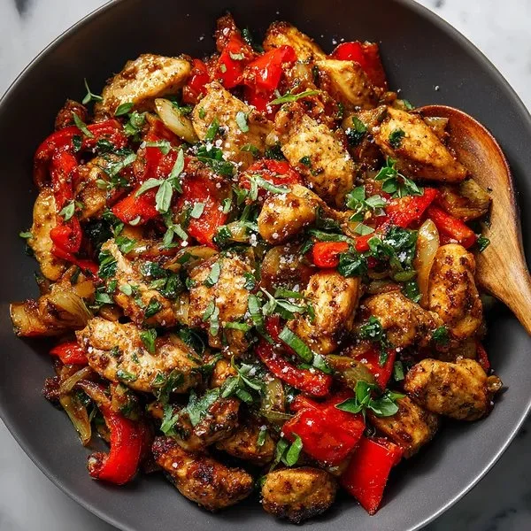 Colorful Mediterranean chicken stir fry with fresh vegetables and herbs