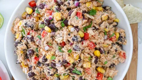 Delicious Mexican tuna salad with corn, served in a colorful bowl.