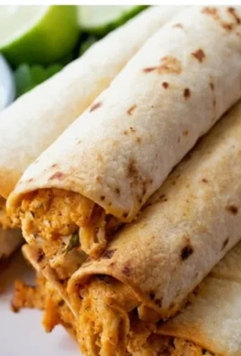 Oven baked chicken taquitos arranged on a plate with fresh toppings