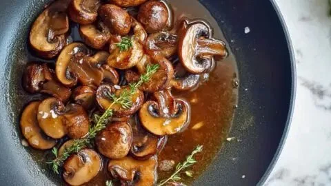 Pan-seared mushrooms with caramelized shallots and thyme served in a dish.