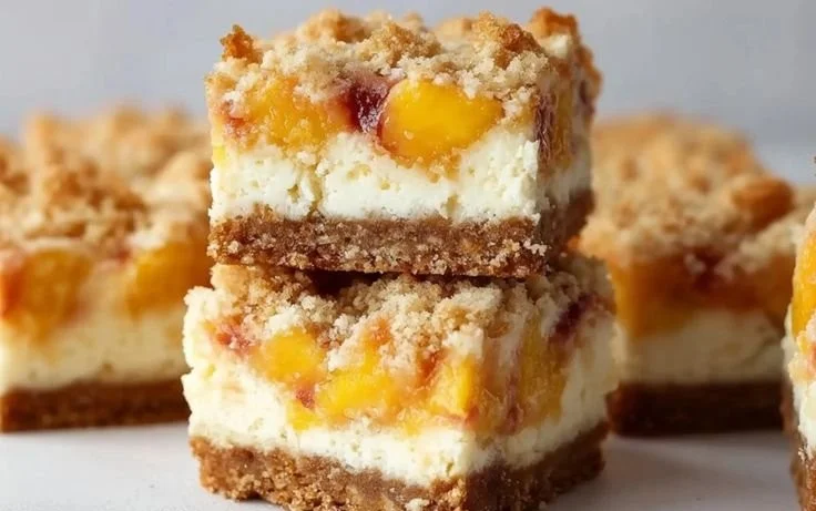 Delicious Peach Cobbler Cheesecake Bars topped with fresh peaches and crumble