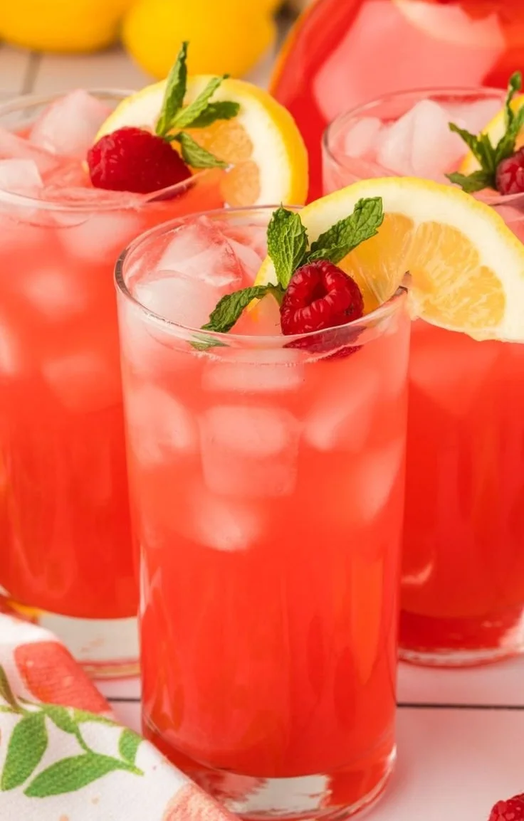 Refreshing peach raspberry lemonade in a glass with lemon slices and raspberries