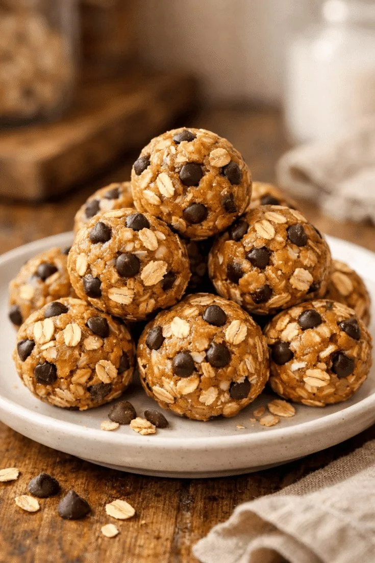 Homemade Peanut Butter Energy Balls stacked on a plate