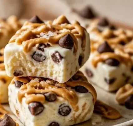 Peanut butter Greek yogurt bark bites topped with chocolate and nuts