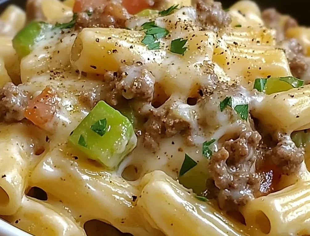 Delicious Philly Cheesesteak Pasta served with peppers and cheese