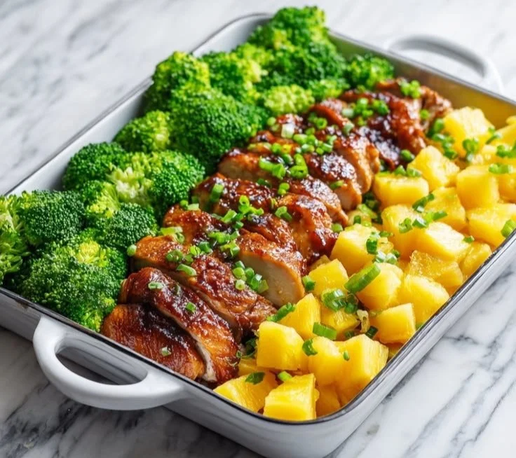 Pineapple Chicken Sheet Pan Meal with colorful vegetables and glaze