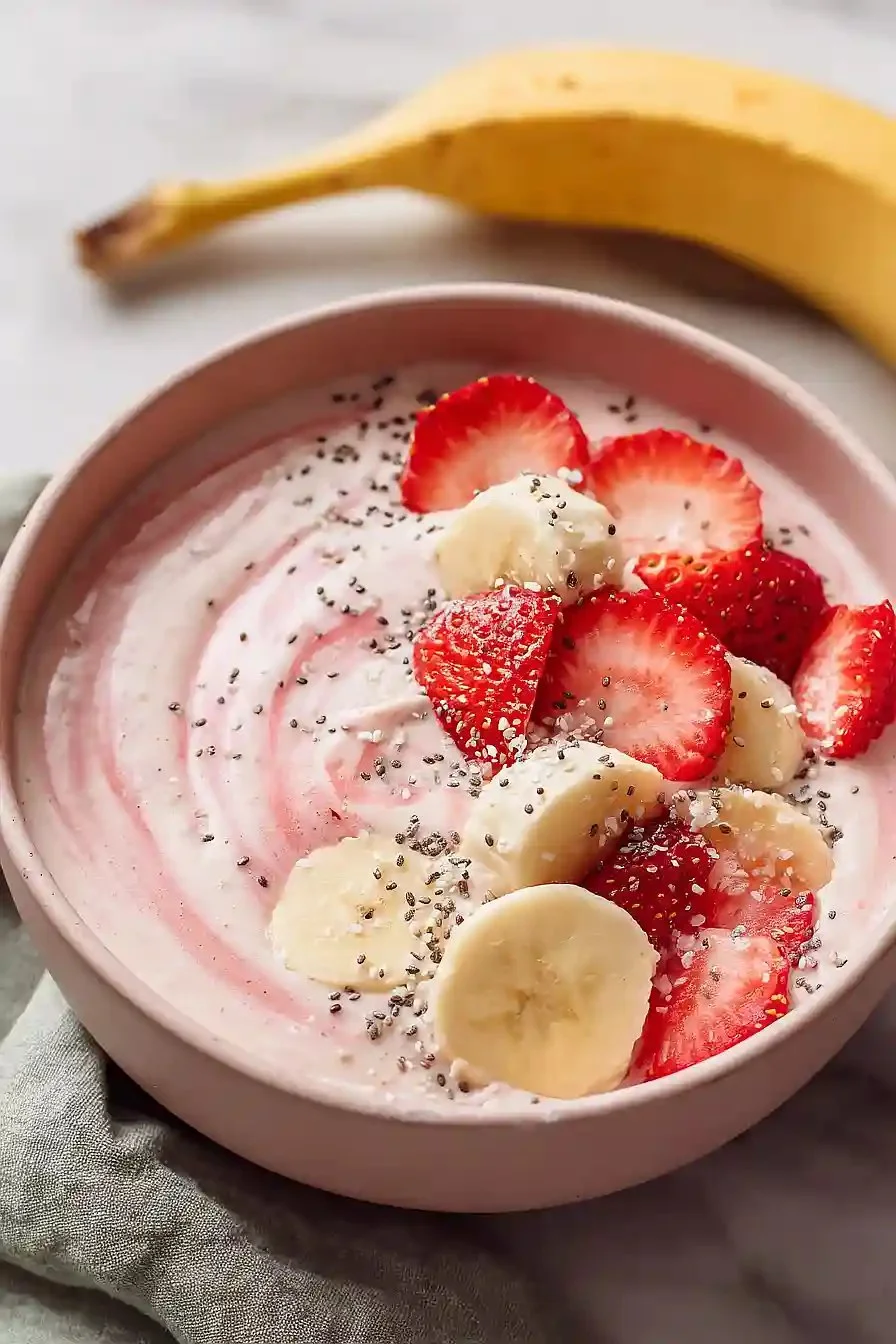 Delicious Protein Strawberry Banana Smoothie Bowl topped with fresh fruits and nuts