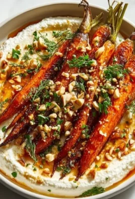 Plate of roasted carrots with whipped ricotta and hot honey drizzle