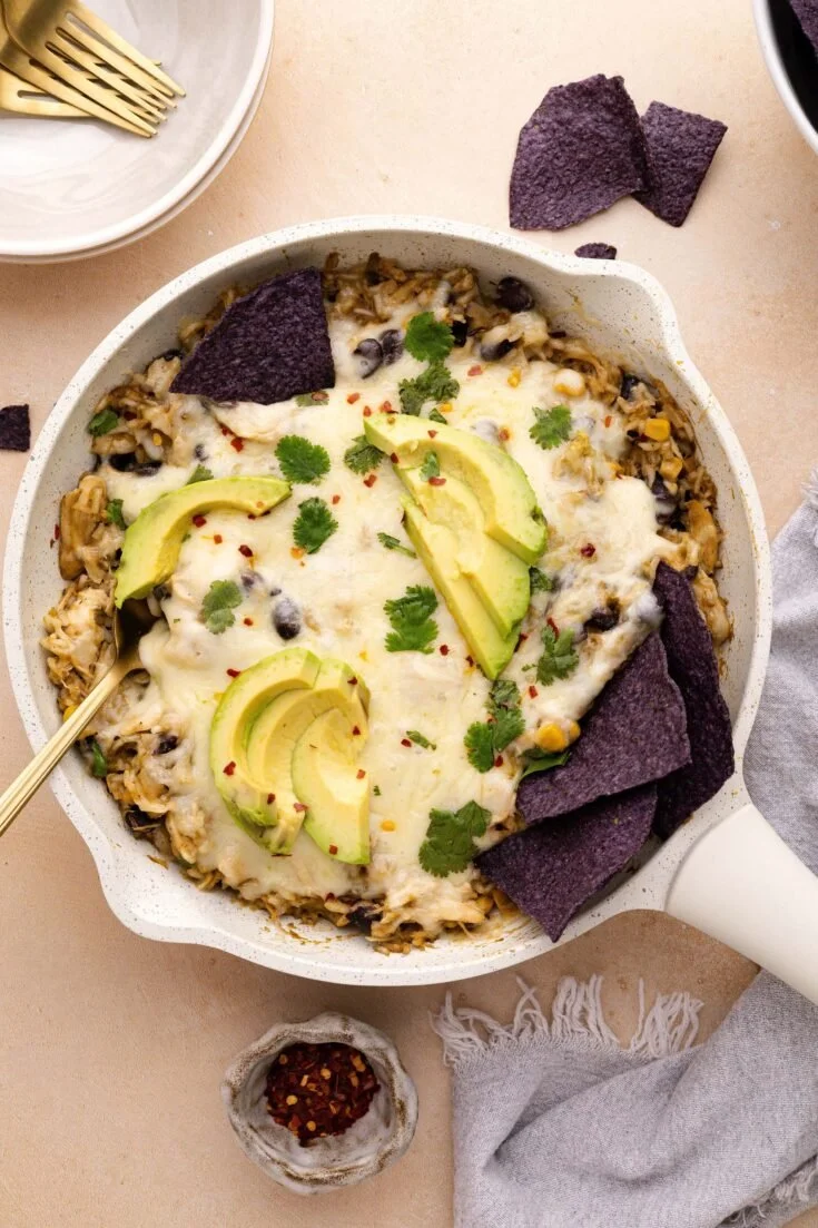 Salsa Verde Chicken & Rice Skillet with fresh ingredients