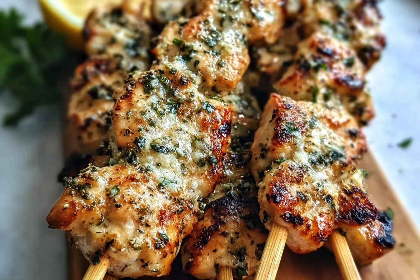 Delicious garlic parmesan chicken skewers ready for grilling in summer.
