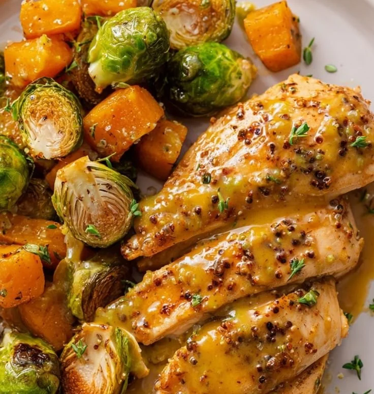 Sheet Pan Honey Dijon Chicken with Sweet Potatoes and Brussels Sprouts